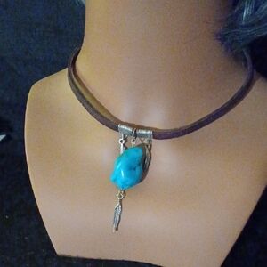 Turquoise and Silver Feather Pendant Necklace